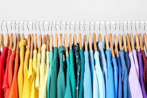 Get ready for a functional and Pinterest-worthy transformation. All you have to do is follow the rainbow! The post How to Color-Code Your Closet to Keep Clothing Organized appeared first on Reader's Digest. Color Organization Closet, Color Coded Closet, Color Coordinated Closet, Rainbow Order, Space Saving Hangers, Closet Colors, The Home Edit, Rustic Colors, Light Blue Background