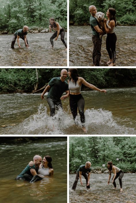 Asheville Engagement Session in the River.  Splashing around and having fun! Muddy Couples Photoshoot, River Photoshoot Ideas Couple Photos, River Family Pictures, River Couple Pictures, River Family Photos, River Couples Photoshoot, Family River Photoshoot, Couple River Photoshoot, Engagement Photos River