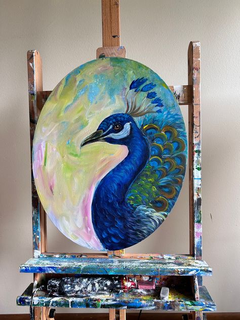 This is an original painting not a print. Name Artwork: "Royal blue" Size: Oval canva Medium: Acrylic Painting  This is an original painting created, a beautiful peacock with abstract background,  This peacock, besides being dressed in a beautiful royal blue, has an abstract and bright background that creates a beautiful contrast. All my paintings are created entirely by hand and with professional materials. I send all the original paintings perfectly protected with cardboard front and back. Shi Oval Canvas Painting Ideas, Peacock Painting Acrylic, Abstract Peacock Painting, Oval Canvas Painting, Oval Canvas, Peacock Artwork, Painting Peacock, Bird Painting Acrylic, Art Peacock