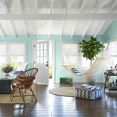 This beach house incorporates different shades of blue to reflect the many colours of the ocean. Beautiful don't you think? Coastal Living Room Decor, Coastal Decorating Living Room, Tropical Home Decor, Coastal Living Rooms, Coastal Bedrooms, Beach Cottage Decor, Living Room Decor Ideas, Beach House Interior, Coastal Living Room