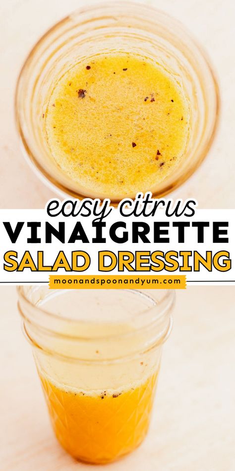 A summer citrus salad dressing! You'll love this summer condiment recipe. Fresh with a zesty, tangy flavor, this easy citrus vinaigrette is the BEST. This salad dressing idea is also vegetarian, gluten-free, soy-free, nut-free, and dairy-free! Simple Salad Dressing Vinaigrette, Sugarless Salad Dressing, Light Salad Dressing Recipes Healthy, Recipes For Salad Dressings, Low Fat Vinaigrette Dressing, Sweet Vinaigrette Recipes, Gluten Free Dairy Free Salad Dressing, Salt Free Salad Dressing Recipes, Citrus Vinaigrette Dressing Recipes