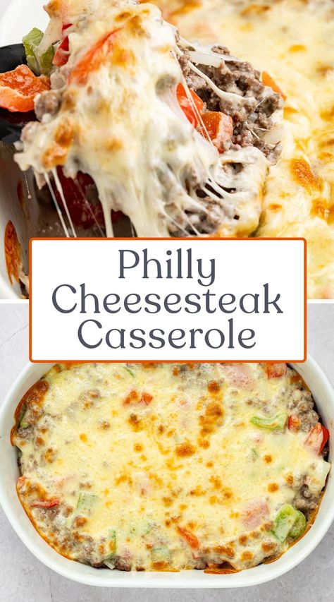 This Philly cheesesteak casserole is super easy, extra cheesy, and delicious! Savory ground beef, sweet bell peppers, and tangy cream cheese create the base for this simple recipe. This Philly cheesesteak casserole is topped with a layer of provolone cheese, then baked to melty, cheesy perfection! Philly Cheesesteak Casserole, Cheesesteak Casserole, Steak Casserole, Philly Cheese Steak Casserole, Casserole Keto, Yummy Casserole Recipes, Ground Beef Casserole Recipes, Weekend Days, Beef Casserole Recipes