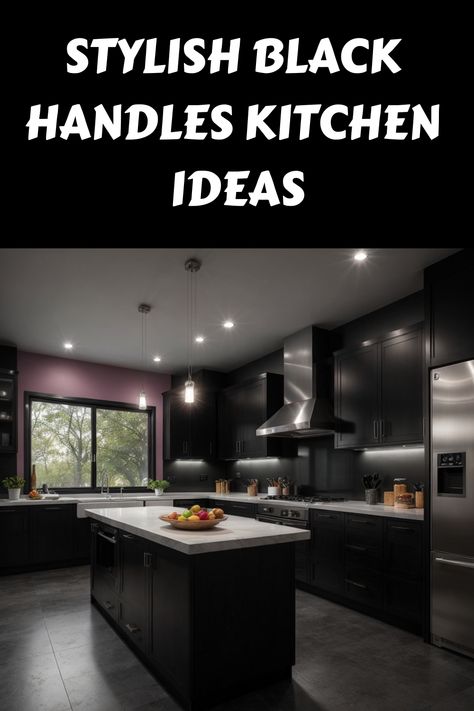 Stylish modern kitchen with black cabinets and handles, large island, and stainless steel appliances. Black Kitchen With Black Appliances, Black Cabinet Kitchen, Black Handles Kitchen, Kitchen With Black Appliances, Black Kitchen Handles, Modern Black Kitchen, Black Appliances Kitchen, Black Appliances, Kitchen Games