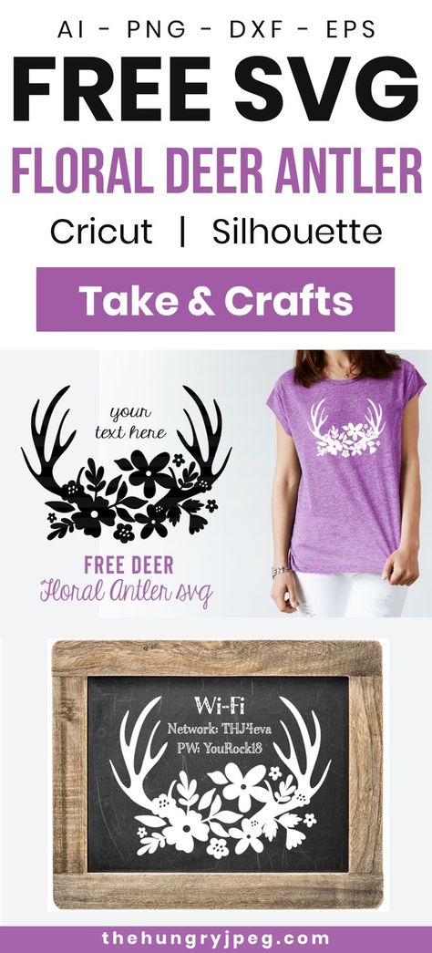 Free SVG | Floral Free SVG | Floral Deer Antler Free SVG Antler Wedding Invitations, Floral Antlers, Cameo Crafts, Antler Crafts, Floral Svg, Cricut Free, Silhouette Cameo Projects, Flower Svg, Cameo Projects