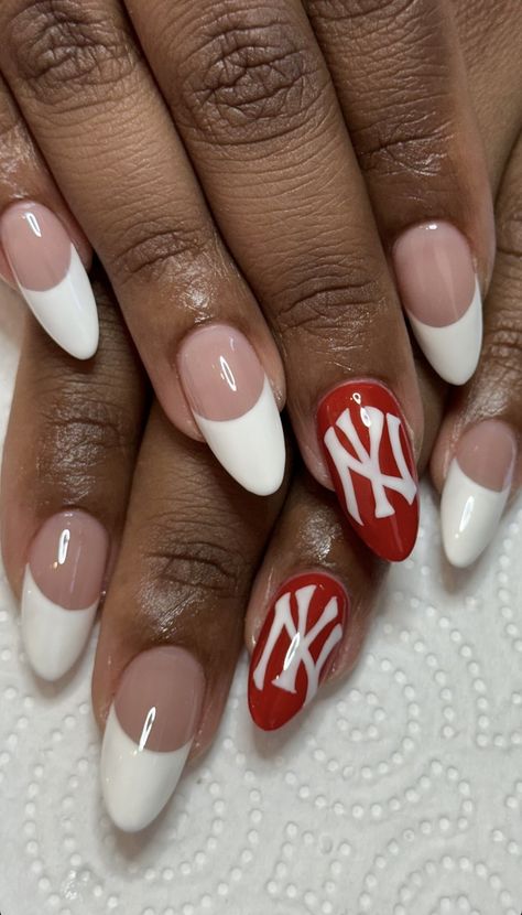 Nails With Jersey Number, Track Nails Designs, Eminem Nails Slim Shady, I Love Nyc Nails, Nyc Christmas Nails, Cute Football Nails, New York Christmas Nails, Nyc Inspired Nails, Ferrari Red Nails Design