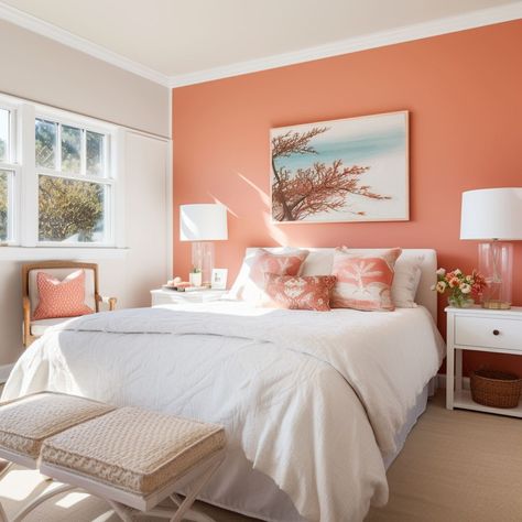 7 Colors That Go Well With Coral - Rhythm of the Home Coral Feature Wall Bedroom, Happy Colors For Bedroom, Coral And White Bedroom, Coral Colored Decor, Coral Master Bedrooms Decor, Coral Aesthetic Color, Coral Pink Bedroom Ideas, Sw Coral Paint Colors, Sherwin Williams Coral Colors