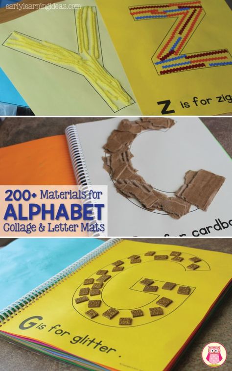 ABC collages and letter mats are great alphabet activities to reinforce letter-sound relationships.  This article includes a list of over 200 materials to use as collage materials and/or materials to use on letter mats.  This is a great literacy, letter of the week, and phonics activity for preschool, pre-k, kindergarten, and early childhood education. Tactile Alphabet Book, Touch And Feel Alphabet, Alphabet Book For Preschool, Kindergarten Alphabet Book, Letter Smash Activity, Letter A Activities, Preschool Alphabet Book, Collage Crafts, Abc Centers