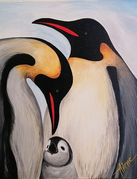 A beautiful art painting depicting a family of penguins.  The painting will decorate your interior in any room.  Acrylic painting technique Emporer Penguin, Penguin Painting, Acrylic Varnish, Penguin Art, Travel Painting, Christmas Bird, Baby Penguins, Hyperrealism, Baby Card