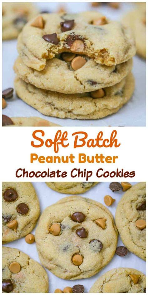 Soft Batch Peanut Butter Chocolate Chip Cookies - Soft Batch Bakery-Style Peanut Butter Cookies loaded with peanut butter and milk chocolate chips when you want chocolate and peanut butter love! #peanutbutter #peanutbuttercookies #cookies #disneylandcookies #peanutbutterchocolatechipcookies #softbatchcookies Chocolate Chip Cookies Peanut Butter, Peanut Butter Cookies Easy, Soft Batch Cookies, Peanut Butter Chocolate Cookies, Mmm Cookies, Soft Batch, Peanut Butter Chip Cookies, Chip Recipes, Cookies Peanut Butter