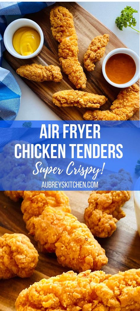 Frozen Chicken Tenders in Air Fryer - Aubrey's Kitchen Chicken Tenders In Air Fryer, Crispy Air Fryer Chicken Tenders, Air Fryer Recipes Chicken Tenders, Frozen Sweet Potato Fries, Chicken Finger Recipes, Freeze Sweet Potatoes, Frozen Chicken Wings, Breaded Chicken Tenders, Making Chicken