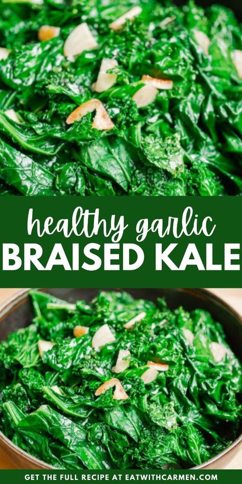 Garlic Braised Kale: A healthy and tasty garlic braised kale recipe that’s perfect as a side dish or addition to any meal. Kale With Bacon, Braised Lentils, Kale Greens, Braised Kale, Braised Greens, Cozy Fall Recipes, Asian Side Dishes, How To Cook Kale, Braised Cabbage