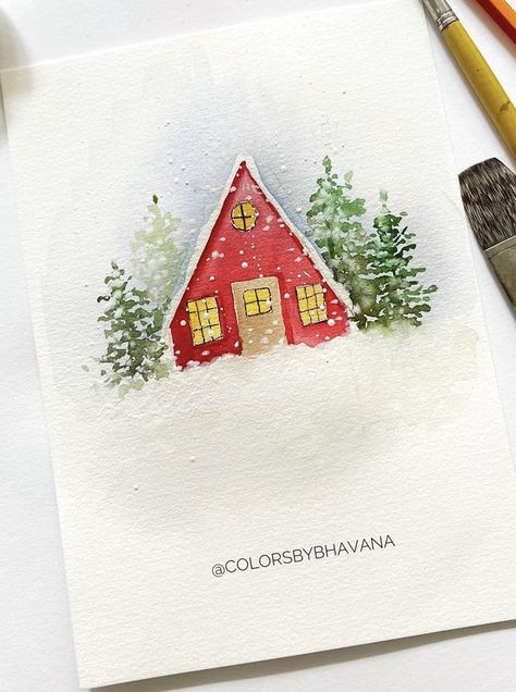 Watercolor Christmas Clipart, Christmas Watercolor Ideas Easy, Watercolor Winter Art, Easy Christmas Watercolor Ideas, Holiday Watercolor Cards, Simple Christmas Watercolor, Aquarell Christmas Cards, Christmas Card Watercolor Ideas, Watercolor Presents