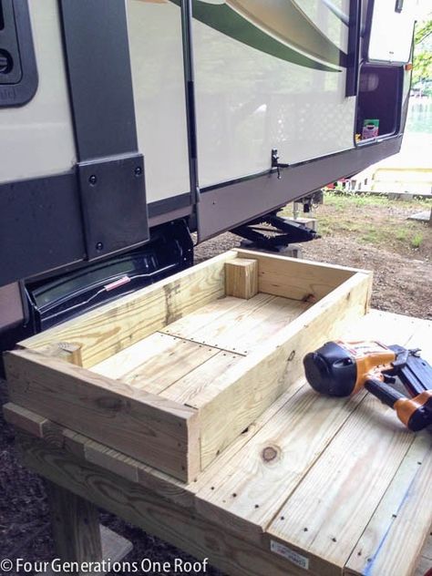 how to build stairs | How to build stairs to a camper #howtobuildstairs #stairs #diystairs #camperstairs #camper #rvliving #rvlife #woodstairtutorial Rv Porches And Decks Diy, Camper Stairs, Porch For Camper, Diy Stairs Outdoor, Rv Porch, Rv Deck, Build Stairs, Camper Organization Rv Living, Campsite Decorating