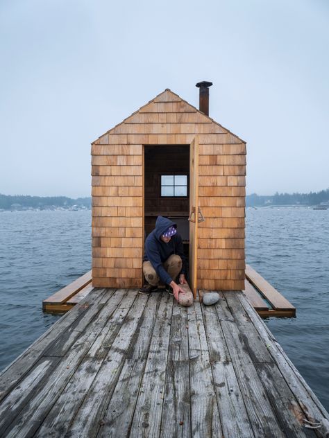 Photo 3 of 9 in A Designer Builds a Scandinavian-Inspired Sauna That Floats Off the Maine Coast - Dwell Cozy Architecture, Scandinavian Saunas, Building A Sauna, Sauna House, Glass Cabin, Sauna Design, Off Grid Cabin, Outdoor Sauna, Maine Coast