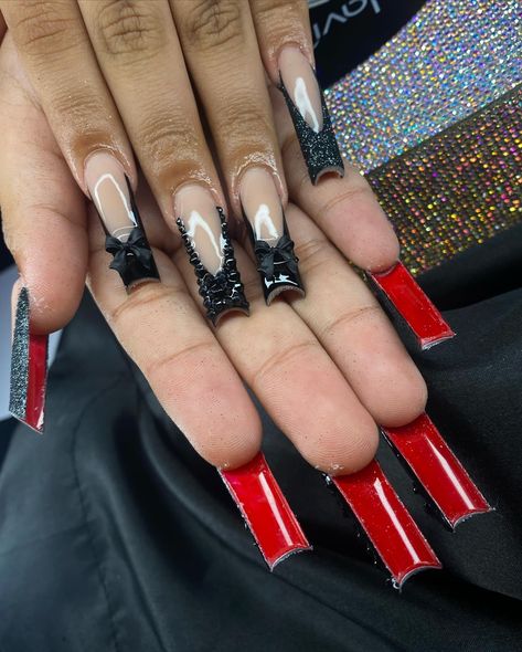 Black French with red bottoms will always eat😍🖤 . . . Dm to book!💖 @nailed.byjennie #longnails #blacknails #glitternails #frenchnails #blingnails #promnails #nails #nailsnailsnails #fresnonails #fresnonailtech #explorepage Black Nail Designs Red Bottoms, Disco Nails Acrylic, Best Prom Nails, Nail Salon Design Nails, Black French With Red Bottoms, Name On Acrylic Nails, Black French Tips Red Bottoms, Black Nail Red Bottoms, Black Nail Red French Tip