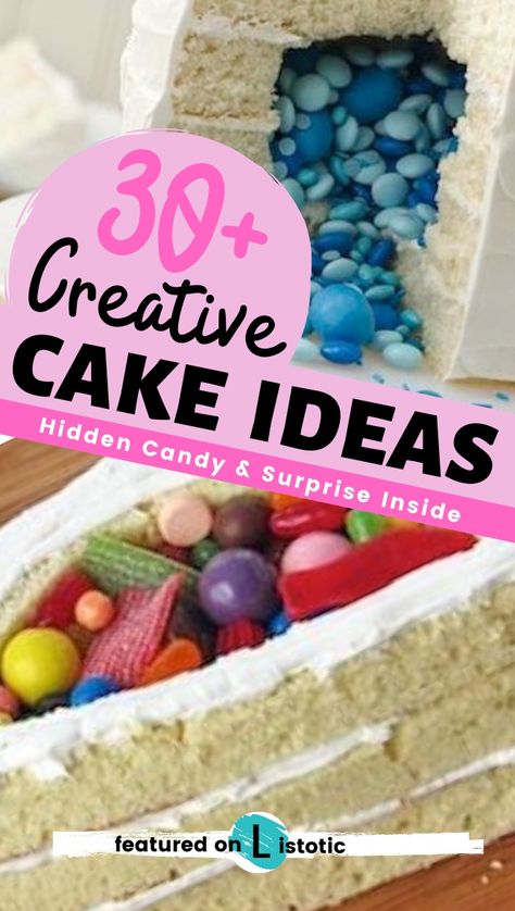 There is more then one way to bake a cake and filling the insides with fun candies and colorful confections is probably my favorite! Listotic has found 30+ surprise inside cake ideas for you to try out. Get inspired to create your own hidden treasure or hidden candy cake. Perfect cake idea for a gender reveal party, birthday party, retirement party or surprise party. Everyone loves a surprise specially when it comes to cake! #suprisecake #hiddencandycake #cakedesign #cakeideas #listotic #cake Inside Cake Ideas, Candy Filled Cake, Retirement Party Cakes, Surprise Inside Cake, Leopard Print Cake, Inside Cake, Bake A Cake, Surprise Cake, Yummy Healthy Breakfast