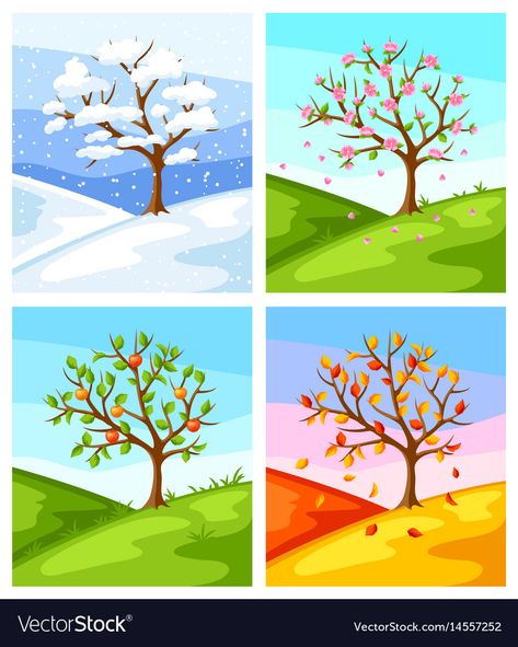 Four Seasons Painting, Four Seasons Art, Seasons Preschool, خريطة ذهنية, Spring Tree, Hur Man Målar, Seasons Art, Tree Illustration, Four Season