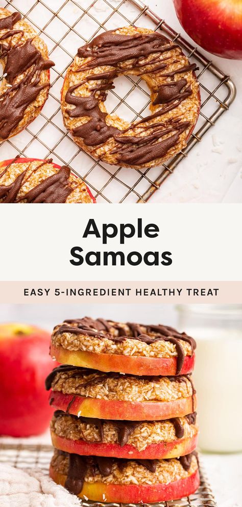 This apple samoas recipe is super easy to make with just 5 ingredients! Apple slices are topped with a coconut almond butter mixture and drizzled with chocolate. It's the perfect healthy fall treat! Apple Samoas, Apple Fall Treats, Apple Snacks Healthy, Samoas Recipe, Paleo Kids Recipes, Almond Butter Snacks, Thanksgiving Desserts Apple, Apple Dessert Recipes Easy, Caramel Apple Slices