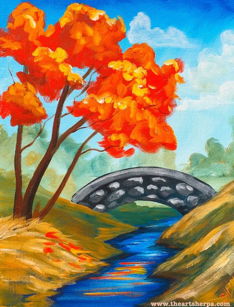 Fall Landscape with stream and Stone Bridge with stream in acrylic paint on canvas full real time LIVE tutorial. Simple materials and a VERY EASY landscape for new painters!! Easy Scenery Drawing, The Art Sherpa, Easy Landscape Paintings, Scenery Drawing, Watercolor Art Diy, Christmas Paintings On Canvas, Fall Canvas, Wine Painting, Fall Landscape