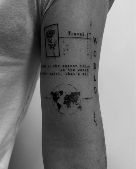 Conceptual Tattoo Ideas, Unique Travel Tattoo Small, Travel Tattoo Ideas For Women, Philosophy Tattoos, Watercolor Bike, Wanderlust Tattoos, Perspective Tattoos, Best Friend Couple, Men Adventure