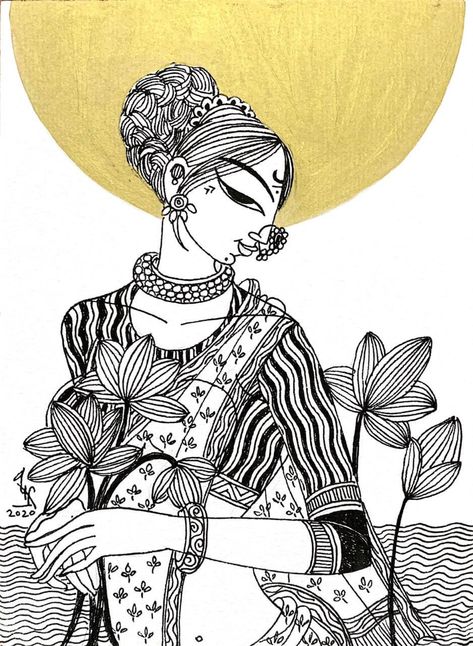 Bring home Lady with Lotus - a unique piece of art by the most loved Varsha Kharatmal. Find the art you love on Artflute.com. Lady With Lotus Painting, Unique Illustration Art, Varsha Kharatmal Paintings, Art Outlines Templates, Indian Culture Art Drawing, Creative Drawings Unique, Black Ink Art Illustrations, Indian Lady Painting, Lotus Painting Acrylic