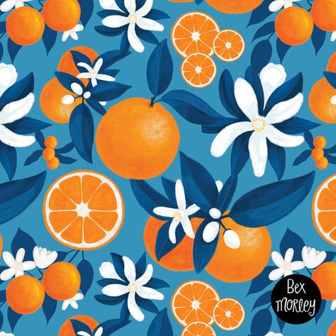 Orange Grove repeat pattern design by Bex Morley Orange Illustration, Blue Blossom, Orange Grove, Posca Art, Pattern Design Inspiration, Fruit Illustration, Arte Sketchbook, Fruit Design, Fruit Pattern