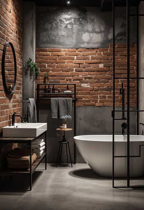 Dark Industrial Decor, Industrial Bathroom Design Ideas, Industrial Interior Design Color Palette, Brick Accent Wall Bathroom, Industrial Bathroom Decor Ideas, Industrial Interior Design Bathroom, Bathroom With Brick Wall, Industrial Loft Bathroom, Bathroom Industrial Design