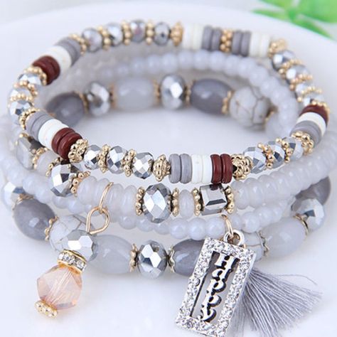 Grey Fashion Square Shape Decorated Multi-Layer Bracelet Color: Grey Size: 170 Mm Material: Alloy + Crystal. Weight: 49.5 G Wood Bead Bracelet, Bracelets Design, Tassels Fashion, Crystal Beads Bracelet, Layered Bracelets, Bracelet Handmade, Crystal Bracelet, Boho Bracelets, Color Crystal