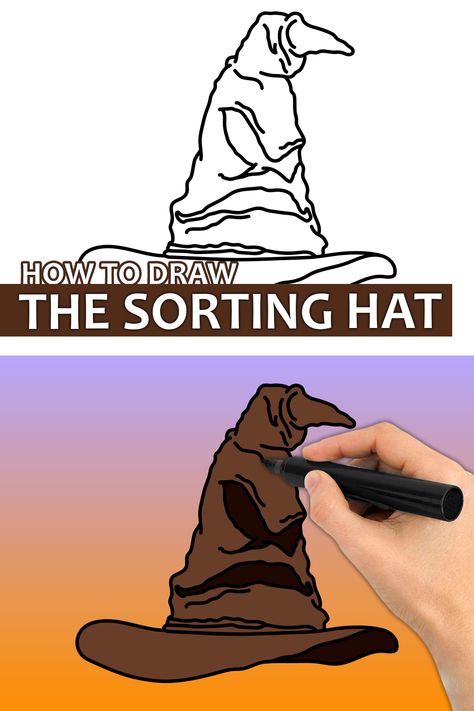 Learn how to draw the Sorting Hat from Harry Potter with this step by step drawing tutorial video. Enjoy! ♥ #sortinghat #harrypotter #bookcharacters #howtodraw #easydrawingforkids Sorting Hat Painting, Harry Potter Sorting Hat Drawing, Harry Potter Hat Drawing, Sorting Hat Drawing, Harry Potter Art Projects, Harry Potter Hat, Draw Book, The Sorting Hat, Harry Otter