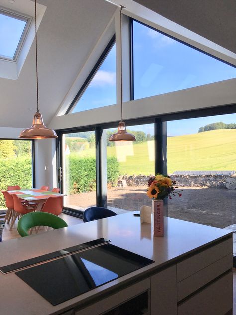 Glass gable end and kitchen island pendant lighting Gable End Ideas Design, Gable End Window Ideas, Gable Windows Ideas, Glazed Gable End, Gable Roof Lighting, Glass Gable End Extension, Glass Extension House, Gable Windows Exterior, Glass Gable End