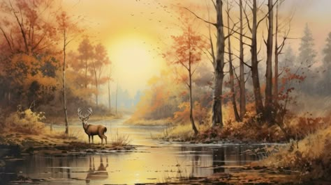 AI generated Autumn Serenity Vintage Watercolor Painting of a Forest, with Trees and Wildlife by a River Lake, Featuring Graceful Deer in a Timeless Landscape. Wildlife Paintings Landscapes, Deer Landscape Painting, Forest And Wildlife, Deer Painting, Wildlife Artwork, Photo To Art, Vintage Watercolor, Woodland Scene, Wildlife Paintings