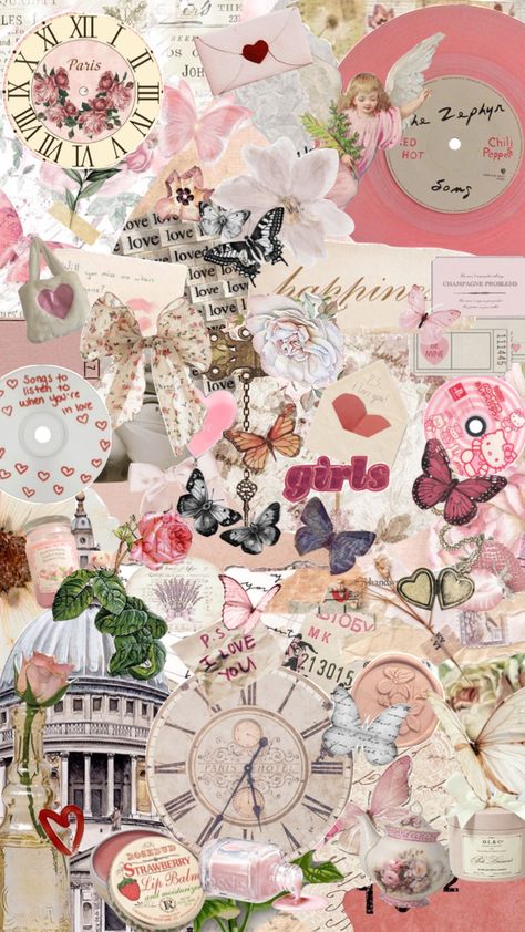 #pink #pretty #vintage #moodboard #collage #newspaper #aesthetic #clock #music #girly #love Pink Newspaper Background, Pink Aesthetic Newspaper, Pink Newspaper Aesthetic, Wall Collage Pictures Aesthetic Ideas, Pink Vintage Aesthetic Wallpaper, Vintage Pink Aesthetic Wallpaper, Pink Scrapbook Aesthetic, Light Pink Collage, Pink Vintage Background