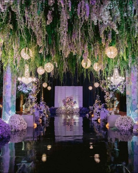 Purple And Black Reception Decor, Princess Wedding Theme Decorations, Lilac Themed Birthday Party, Lilac Wedding Theme Decor Receptions, Lavender And Green Wedding Decorations, Purple Forest Wedding Theme, Lilac Themed Party, Bridgerton Debut Theme, Black And Lilac Wedding