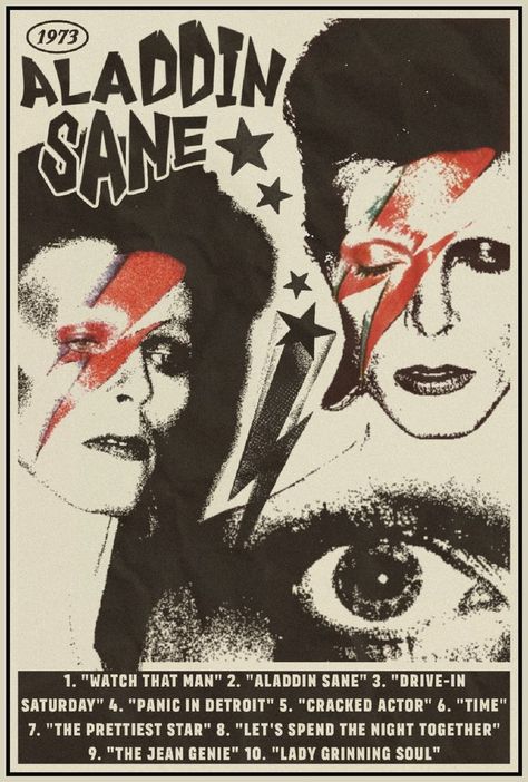 Aladdin Sane Poster, 70s Posters Music, David Bowie Poster Prints, David Bowie Print, David Bowie Poster Vintage, Rockstar Poster Design, 70s Rock Posters, Rockstar Graphic Design, David Bowie Aesthetic Poster