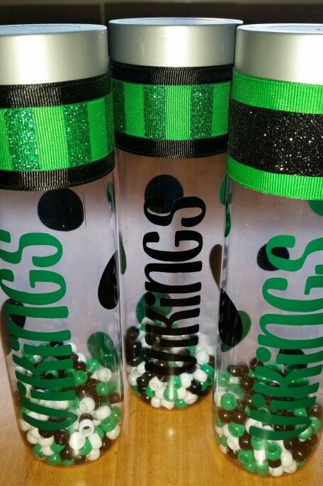 Water bottle noisemakers. Noisemakers For Football Games, Cheer Competition Noise Makers, Cheer Noise Makers Diy, Dance Necessities, Football Noise Makers, Cheerleading Diy, Cheer Gift Bags, Hockey Signs, Football Fundraiser