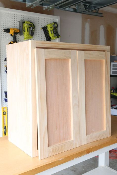 Work Shop Organization Garage Workshop, Diy Wood Cabinet Storage, Diy Cheap Cabinets, Diy Storage Cabinets With Doors Plans, Build Garage Cabinets, How To Build Doors For Cabinet, How To Build A Kitchen Cabinet, Cabinet Building Diy, Semihomemade Cabinets