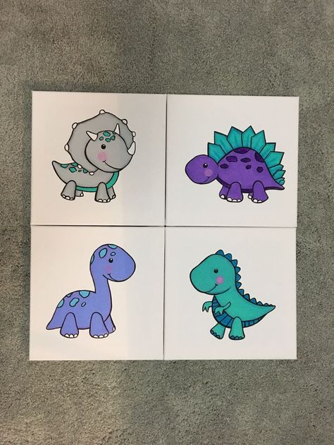 Cartoon Dinosaur Painting, How To Paint Dinosaurs, T Rex Painting Easy, Cute Dinosaur Painting Canvas, Dino Painting Ideas On Canvas, Cute Dino Paintings, How To Paint A Dinosaur, Easy Dinosaur Painting On Canvas, Cute Stegosaurus Drawing