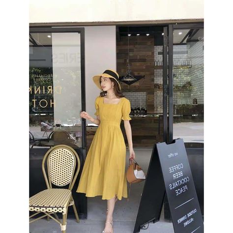 Celeste French Retro, Tea Break, Solid Color Dress, Mid Length Skirts, Early Spring, Custom Dresses, Waist Dress, Yellow Dress, Over The Knee