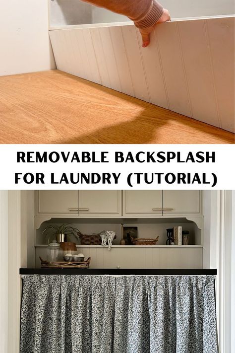 person tilting out a removable beadboard backsplash on top of a wood door countertop in a laundry room and the fully styled after shot showing how it looks with beige cabinets and curtains covering the washing machine Laundry Cover Up, How To Close Off Open Laundry Room, Cover For Washer Dryer Hookup, Removable Laundry Room Countertop, How To Hide Water Hook Up In Laundry Room, Hiding Water Hookup In Laundry Room, Hide Laundry Hookups Top Loader, Laundry Room Wall Hooks, Washer And Dryer Hook Up Cover