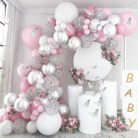 Pink Birthday Party Decorations, Butterfly Balloons, Baby Rosa, Pink Birthday Party, Silver Balloon, White Balloons, Arch Kit, Pink Balloons, Butterfly Decorations