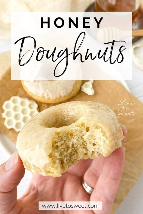 These Honey Doughnuts with Vanilla Honey Glaze are soft, fluffy baked honey doughnuts with a flavorful vanilla bean-honey glaze! Perfect for breakfast, brunch, or an afternoon pick-me-up! Honey Donuts Recipe, Honey Dipped Donut Recipe, Honey Doughnut, Honey Deserts, Desserts Made With Honey, Honey Dessert Recipes, Doughnut Flavors, Honey Donut, Honey Recipes Dessert