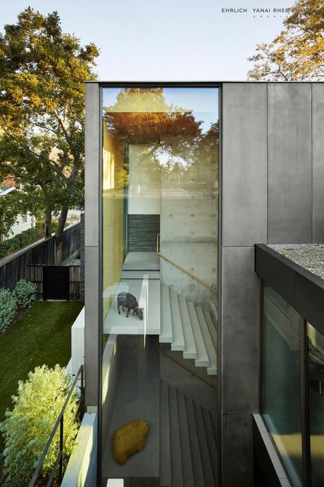 A 30ft by 10ft continuous pane of glass runs alongside the grand stairwell with a concrete core and floating stone steps, connecting the three levels of the house. This dramatic moment in the sequence of progressing through the house helps visitors feel connected to the lush landscape outside... Waverley | Palo Alto | California | Ehrlich Yanai Rhee Chaney Architects Detail Arsitektur, Metal Facade, Glass Walls, Hus Inspiration, Silicon Valley, Futuristic Architecture, Steve Jobs, Residential Architecture, Interior Architecture Design