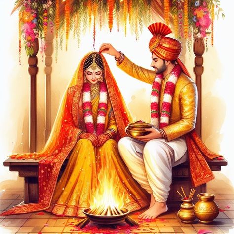 Wedding Art Painting, Bride Fashion Photography, Bride Fashion Illustration, Couple Illustration Wedding, Millions Of Followers, Wedding Couple Cartoon, Royal Wedding Invitation, Wedding Card Design Indian, Twin Flame Art