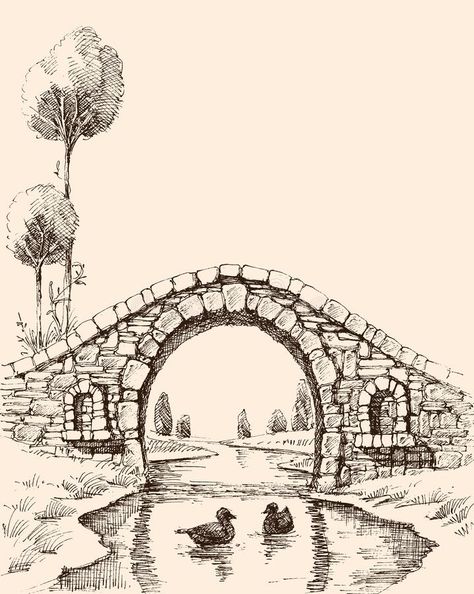 Old stone bridge over river stock illustration Bridge Over River, Bridge Drawing, Landscape Pencil Drawings, Pen Art Work, Architecture Drawing Sketchbooks, Nature Art Drawings, Seni Dan Kraf, Pen Art Drawings, Landscape Sketch