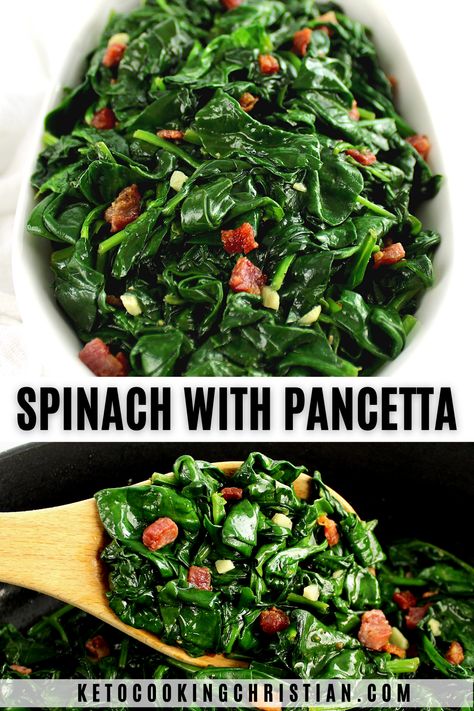 This quick and easy Sautéed Spinach with Pancetta is a savory, flavorful and incredibly nutritious Keto side dish that's ready in under 15 minutes. #spinachrecipe #ketospinach #lowcarbspinachrecipe Sauteed Spinach With Bacon, Keto Beginner, Hot Bacon Dressing, Keto Side Dish, Spinach Healthy, Good Keto Snacks, Beginner Recipes, Keto Side, Roasted Walnuts