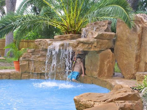 Grotto Pool, Country Pool, Country Backyards, Swimming Pool Waterfall, Faux Rock, Rock Waterfall, Small Swimming Pools, Pool Renovation, Pool Waterfall