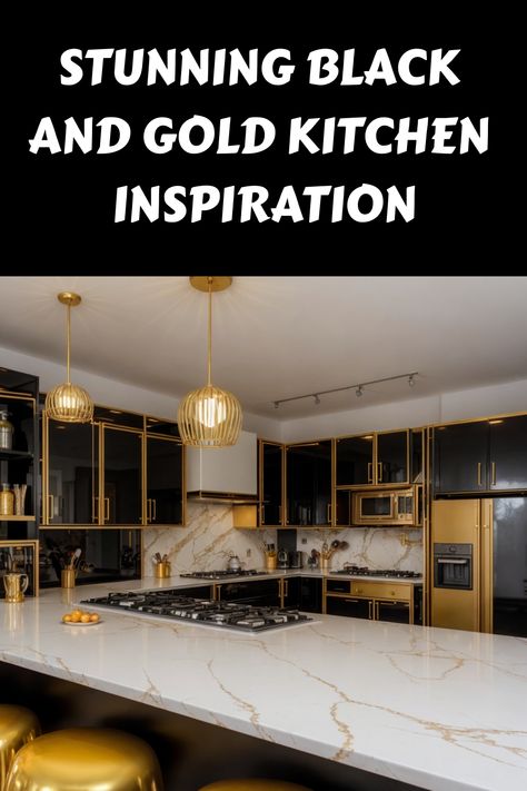 Stunning black and gold kitchen with marble countertops and modern lighting fixtures. Black And Gold Kitchen Decor, Gold Kitchen Decor Ideas, Gold Range Hood, Gold Kitchen Decor, Black And Brass Kitchen, Black And Gold Kitchen, Black And Gold Accents, Nevada Homes, Gold Light Fixture