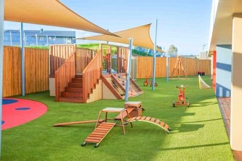 A childcare outdoor playground that has a wooden built  playground with climbing walls surrounded by grass. Daycare Setup, Education Design Interior, Kids Festival, Learning Preschool, Daycare Design, Preschool Programs, Montessori Preschool, Early Learning Centre, Education Design