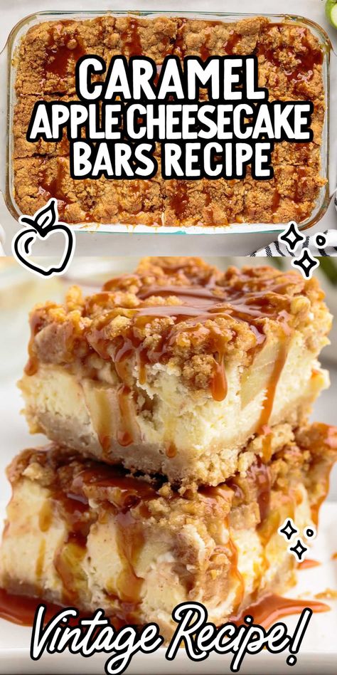 With layers of buttery crust, cheesecake, soft apples and streusel topping, these apple cheesecake bars are a delicious and cozy treat. Soft Apples, Apple Pie Cheesecake Bars, Recipe For Caramel, Apple Crisp Cheesecake, Apple Cheesecake Bars, Caramel Apple Cheesecake Bars, Caramel Apple Cheesecake, Apple Cheesecake, Cheesecake Bar Recipes