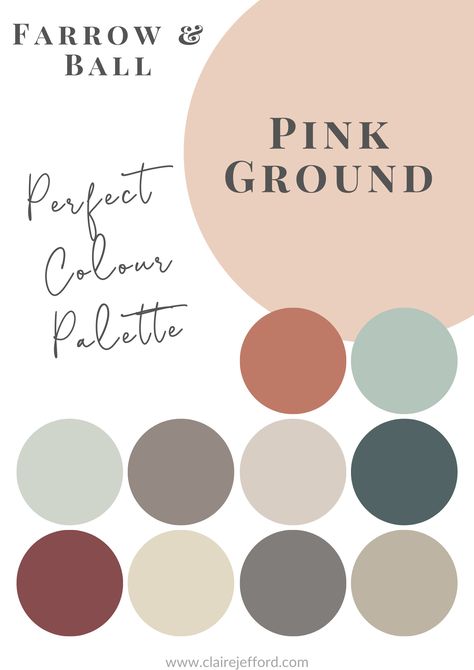 Farrow And Ball Ensuite, Pink Ground Kitchen, Pink Ceiling Dining Room, Pink Ground Bedroom Farrow And Ball, Pink Ground Bathroom, Farrow And Ball Whole House Palette, Grey Kitchen Pink Walls, Pink Ground Farrow And Ball Living Rooms, Pink Ground Bedroom